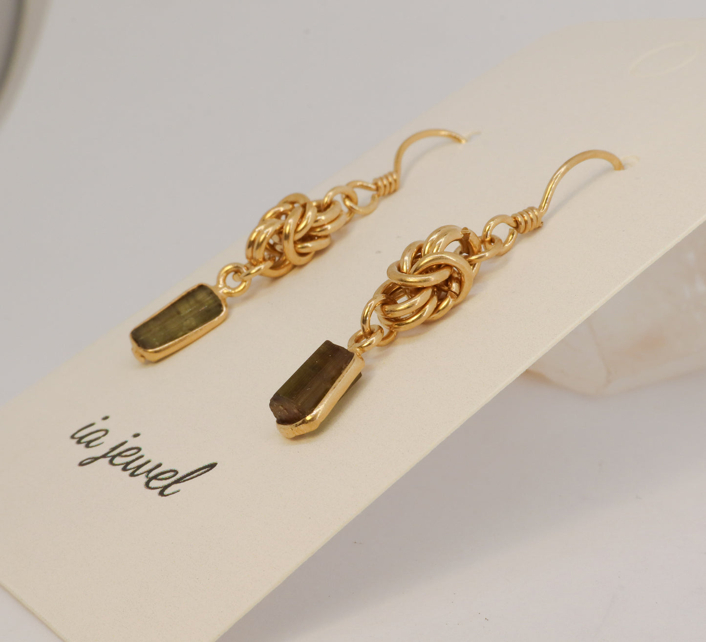 Green Tourmaline Byzantine Chainmail 24k Gold Plated Earring