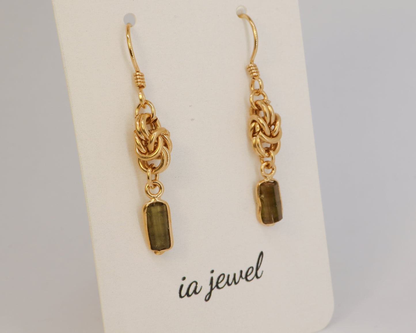 Green Tourmaline Byzantine Chainmail 24k Gold Plated Earring