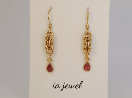 Pink Tourmaline Byzantine Chainmail 24k Gold Plated Earring