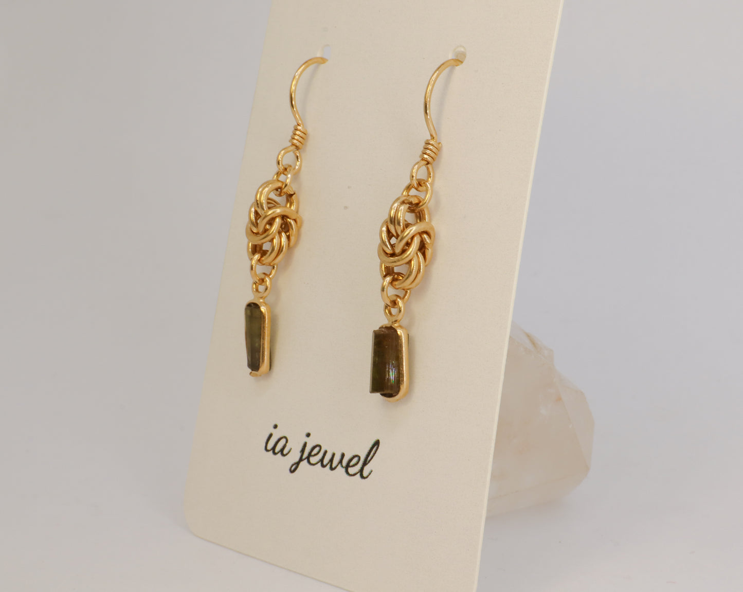Green Tourmaline Byzantine Chainmail 24k Gold Plated Earring