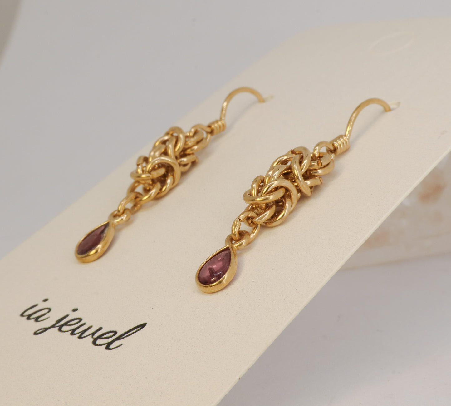 Pink Tourmaline Byzantine Chainmail 24k Gold Plated Earring