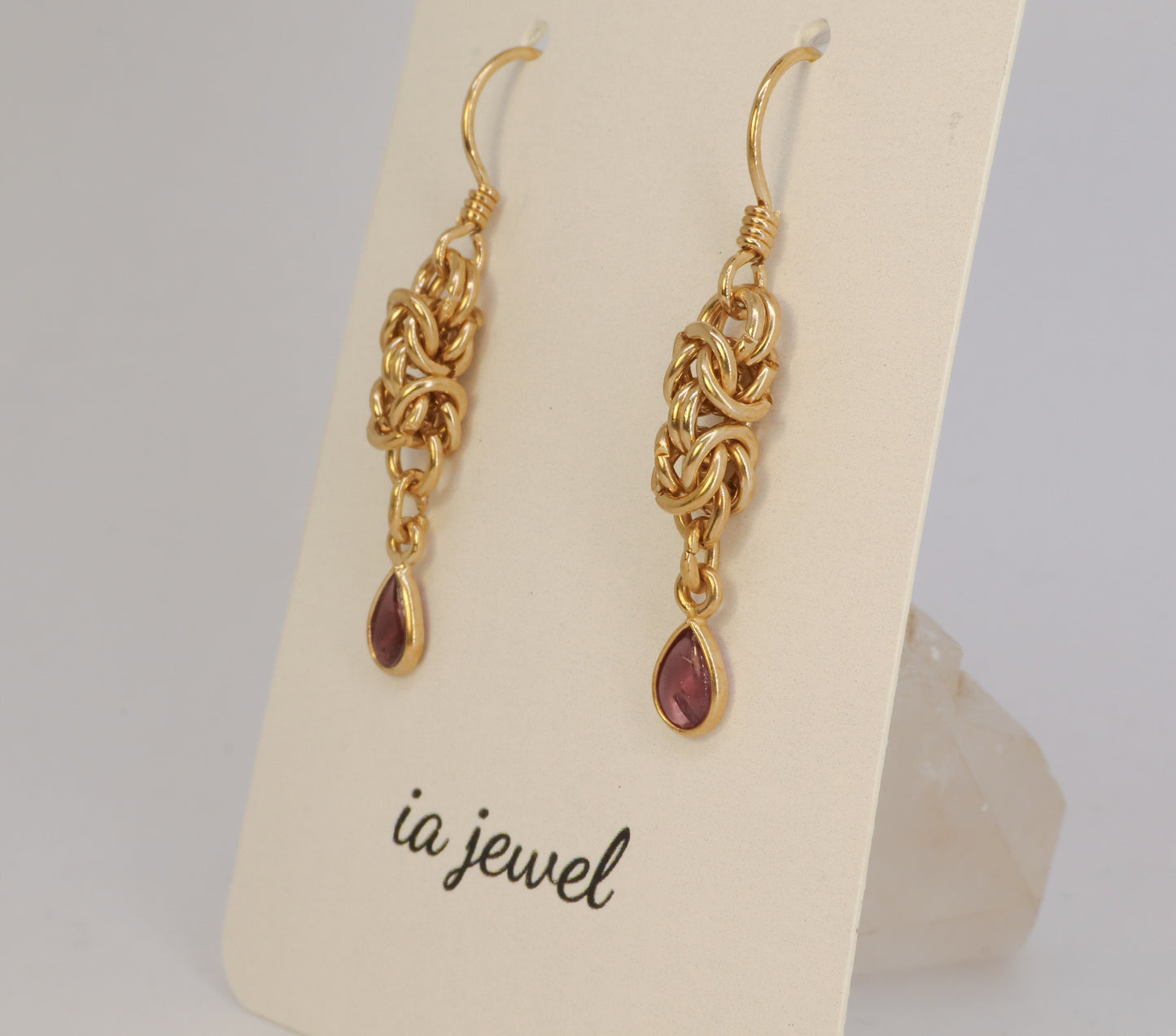 Pink Tourmaline Byzantine Chainmail 24k Gold Plated Earring