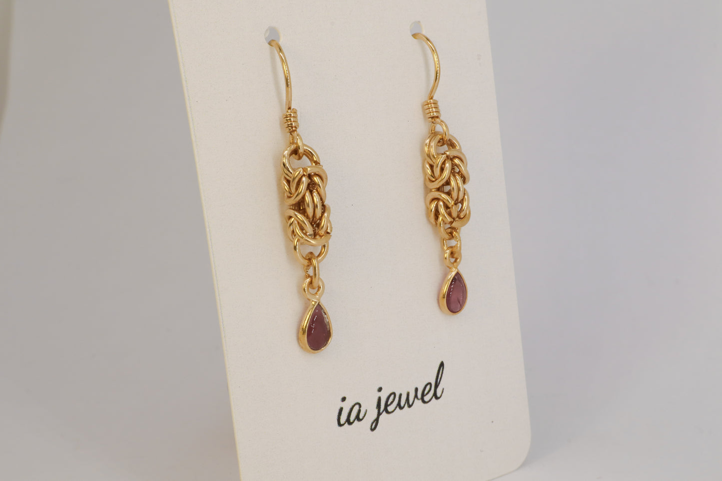 Pink Tourmaline Byzantine Chainmail 24k Gold Plated Earring