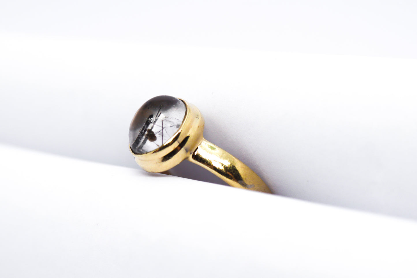 Quartz Rutiled Black Tourmaline Gold Plated Solid Sterling Silver Ring