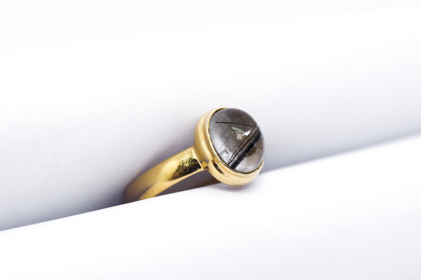 Quartz Rutiled Black Tourmaline Gold Plated Solid Sterling Silver Ring