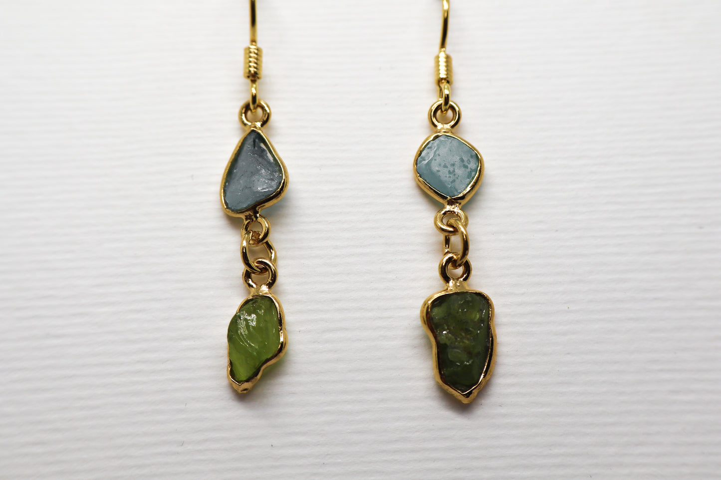 Raw Blue Topaz and Raw Peridot Gold Plated Sterling Silver earring