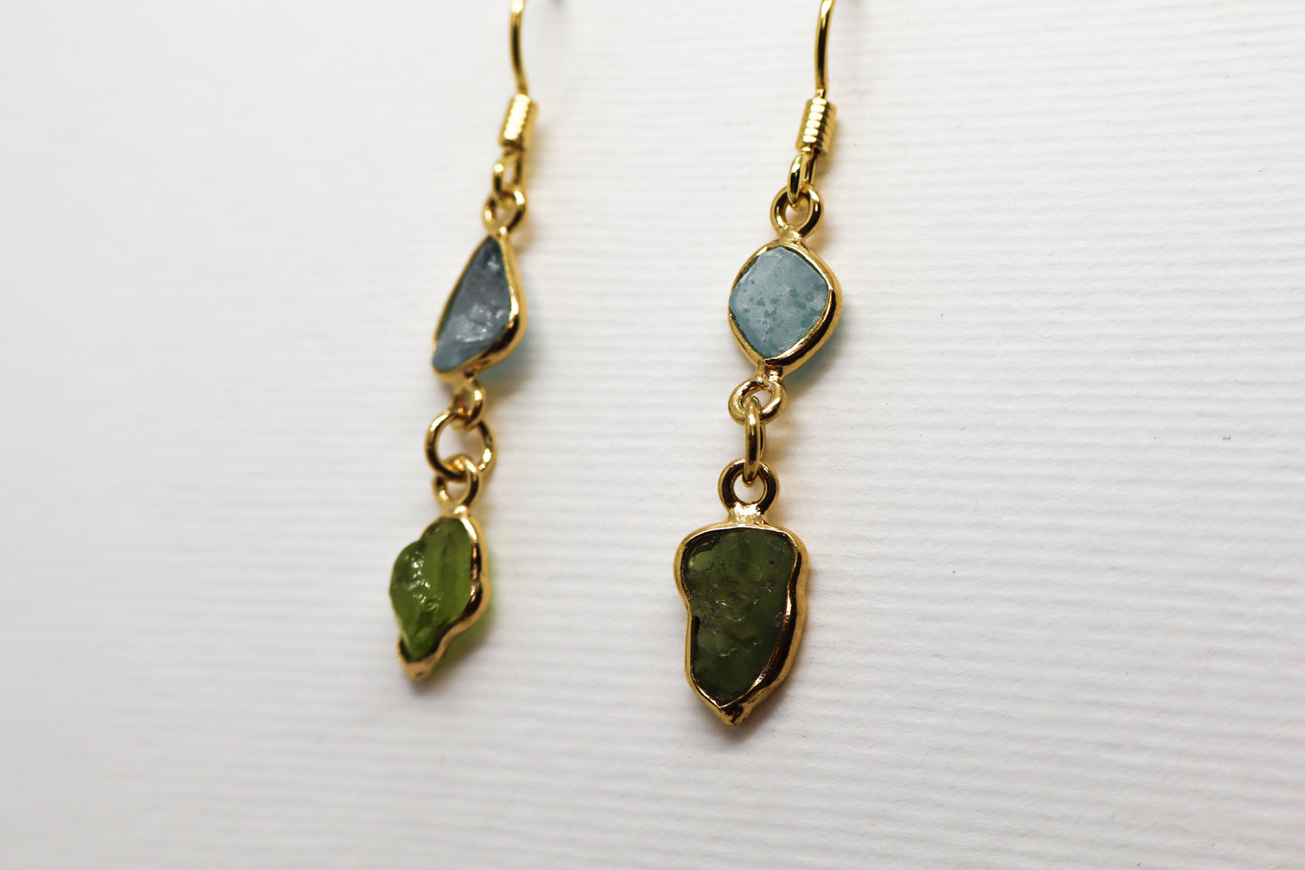 Raw Blue Topaz and Raw Peridot Gold Plated Sterling Silver earring