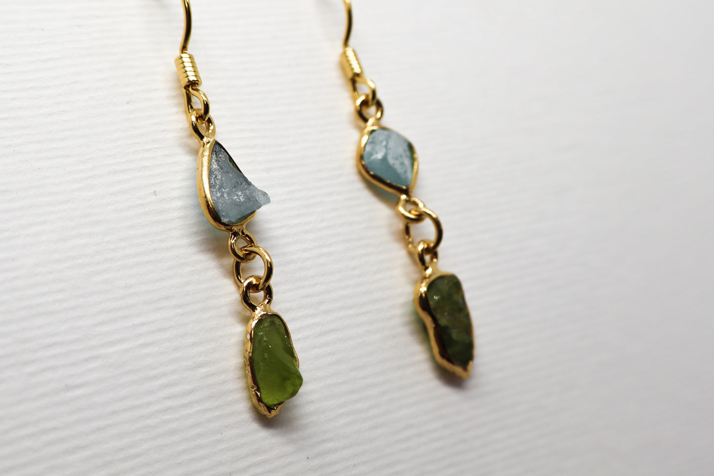 Raw Blue Topaz and Raw Peridot Gold Plated Sterling Silver earring