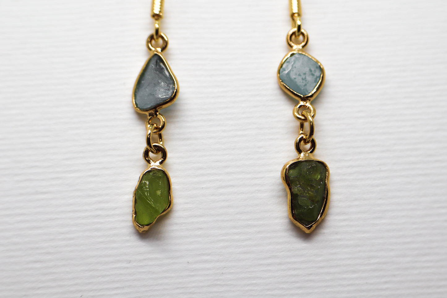 Raw Blue Topaz and Raw Peridot Gold Plated Sterling Silver earring